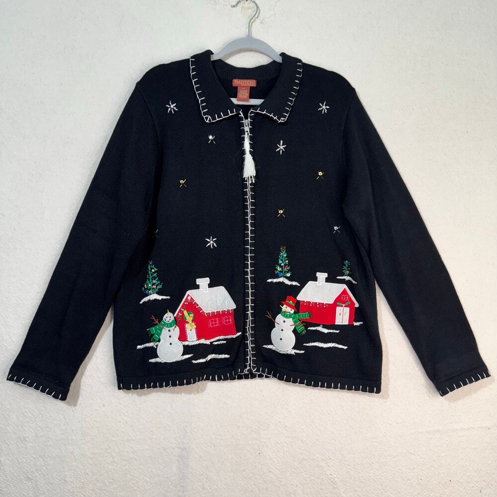 Great Northwest Traditions Holiday Snowman Embroidery Cardigan Sweater Petite XL